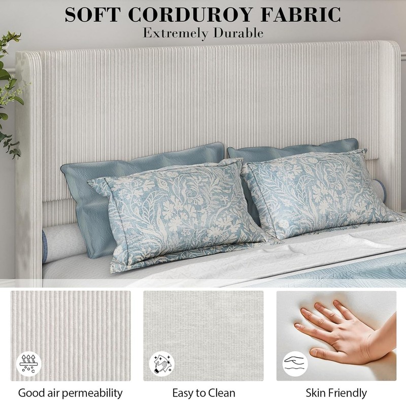 Wingback King Size Bed Frame Platform Bed with Corduroy Upholstered Headboard gallery