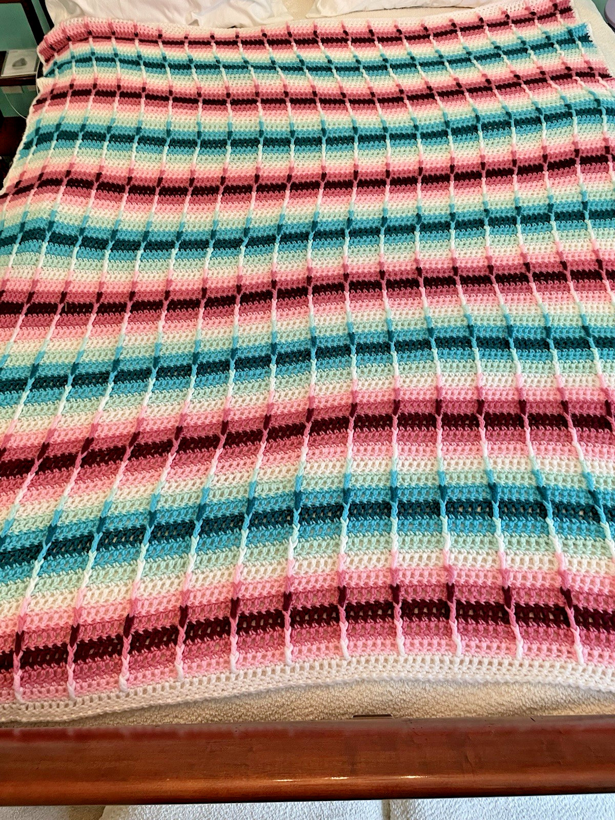 Handmade Crocheted Afghan Striped Pattern 55'x70"/Queen -Pink, teal, mint, white gallery