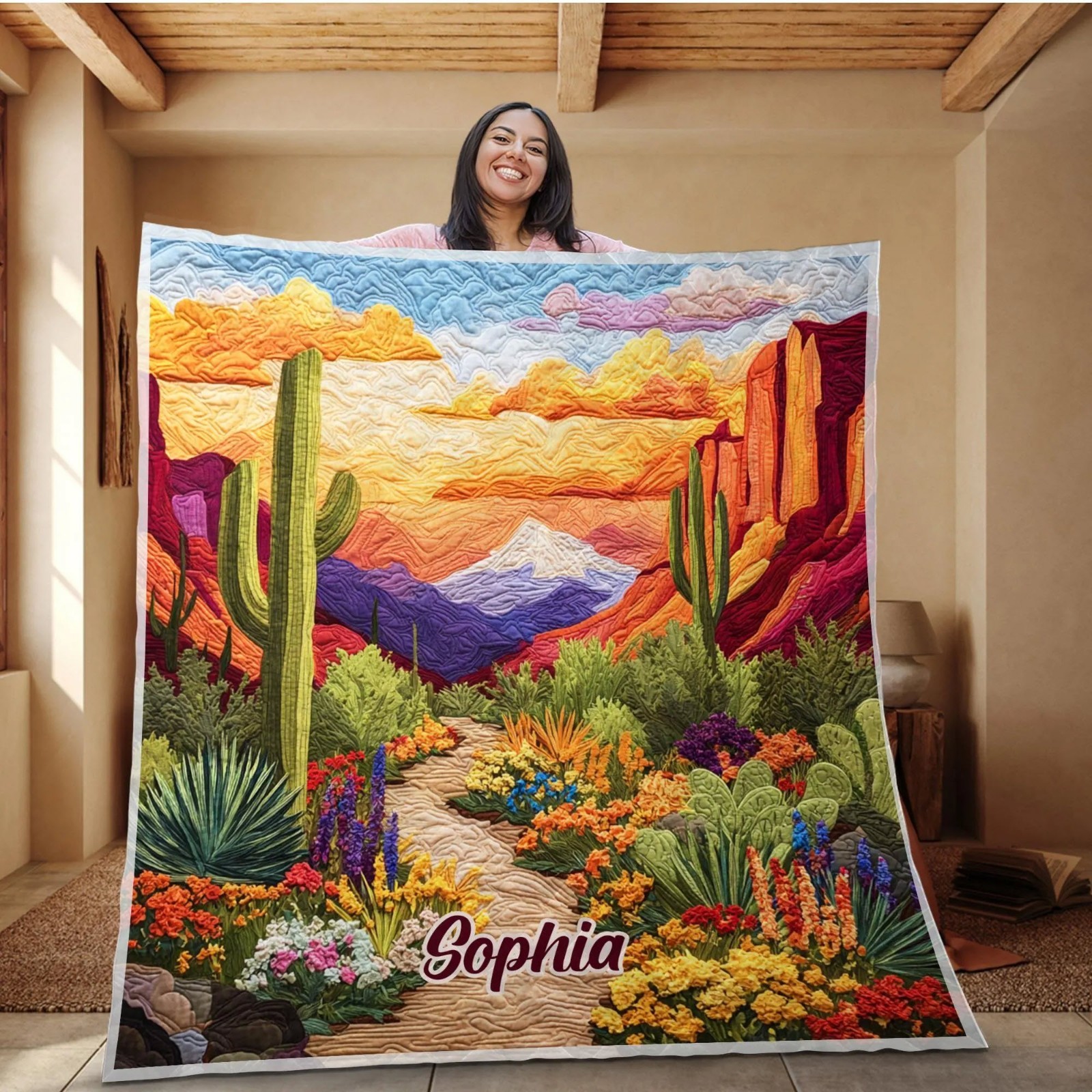 Custom Desert Landscape Quilt Blanket Cactus Sunset Throw Cozy Gift Idea Soft gallery