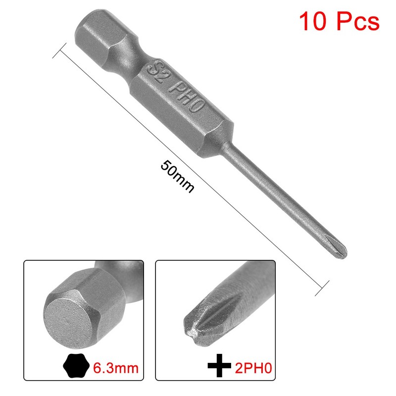 10Pcs 2mm PH0 Phillips Head Screwdriver Bits S2 for Industry 50mm 1/4" Hex Shank gallery