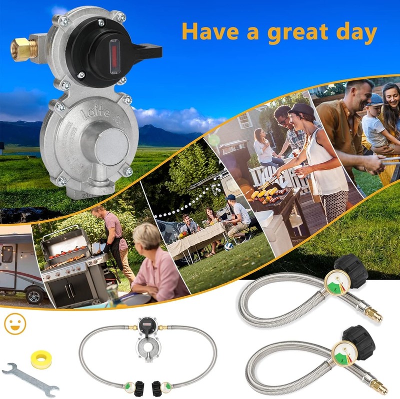 2 Stage Changeover Propane Regulator with Two 18" RV Pigtail Propane Hoses gallery