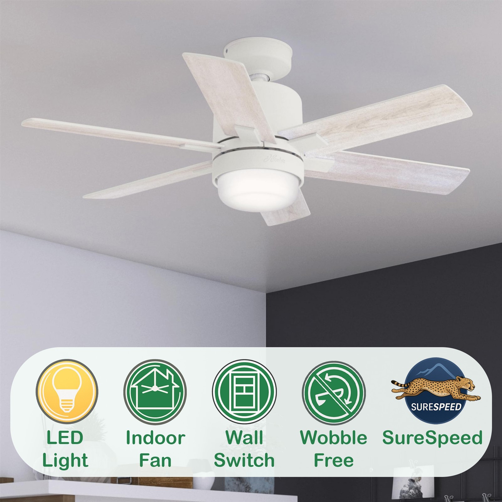 Hunter Fan 44 inch Casual Matte White Indoor Ceiling Fan with Light Kit 6 Blades gallery