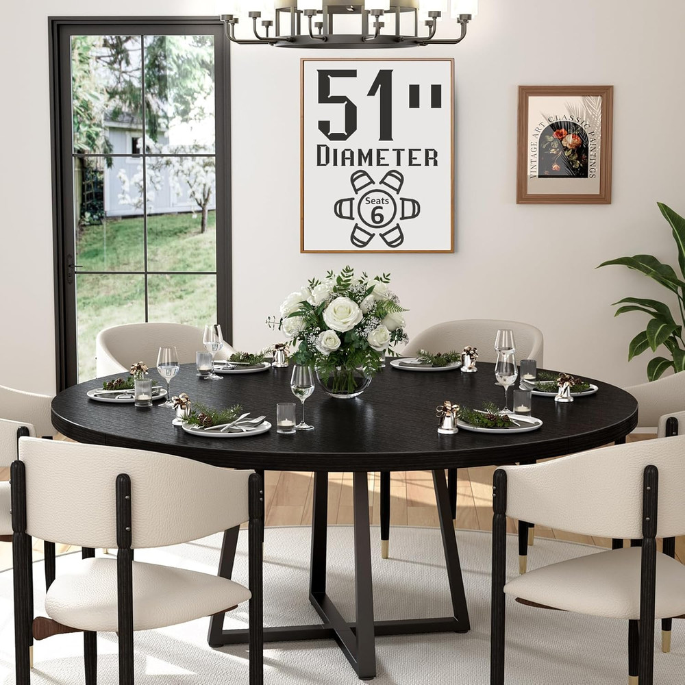 Black round Dining Table for 6 - Modern Circle 51 Inch Large Room Kitchen Dinnin
