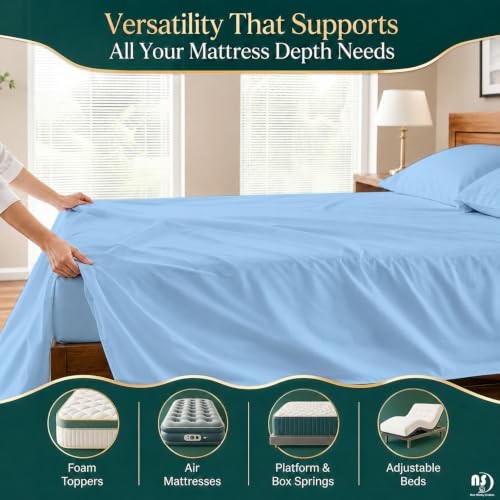 4 Piece Extra Deep Pocket Sheet Set, 100% Egyptian Queen Light Blue Solid gallery