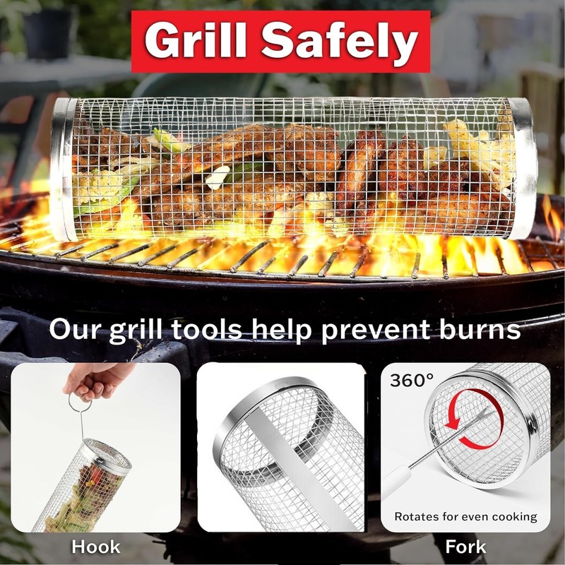 2 Pack Rolling Grilling Basket Stainless Steel For BBQ Grill Outdoor Tools US gallery