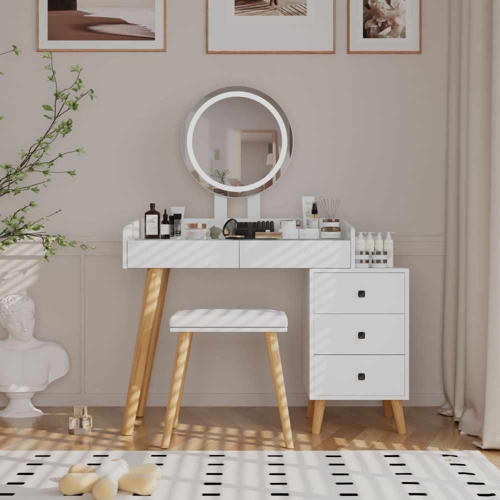 White Gold Vanity Set with Mirror & Stool, Storage Drawers Space Saving gallery