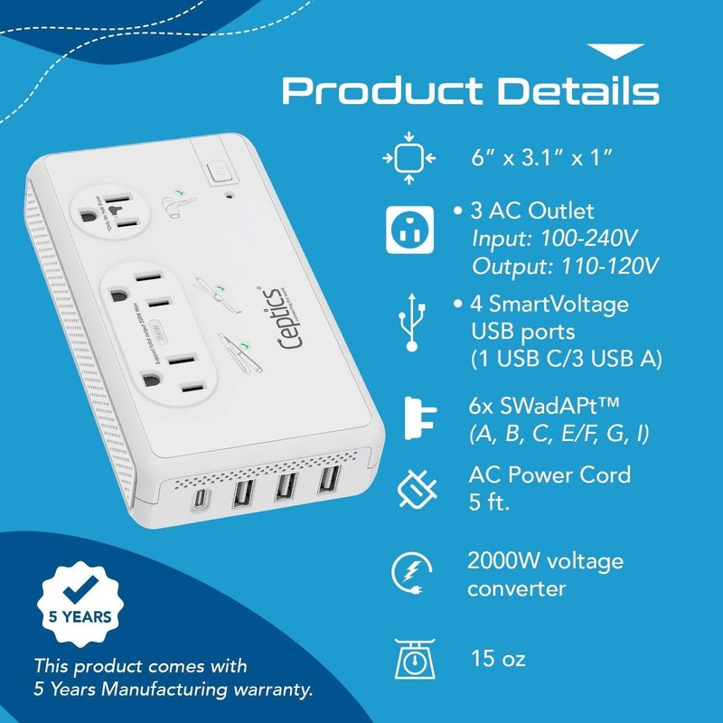 200W/2000W Step Down Converter – 2x 200W, 1x 2000W outlets & 3x USB-A + 1x USB-C gallery