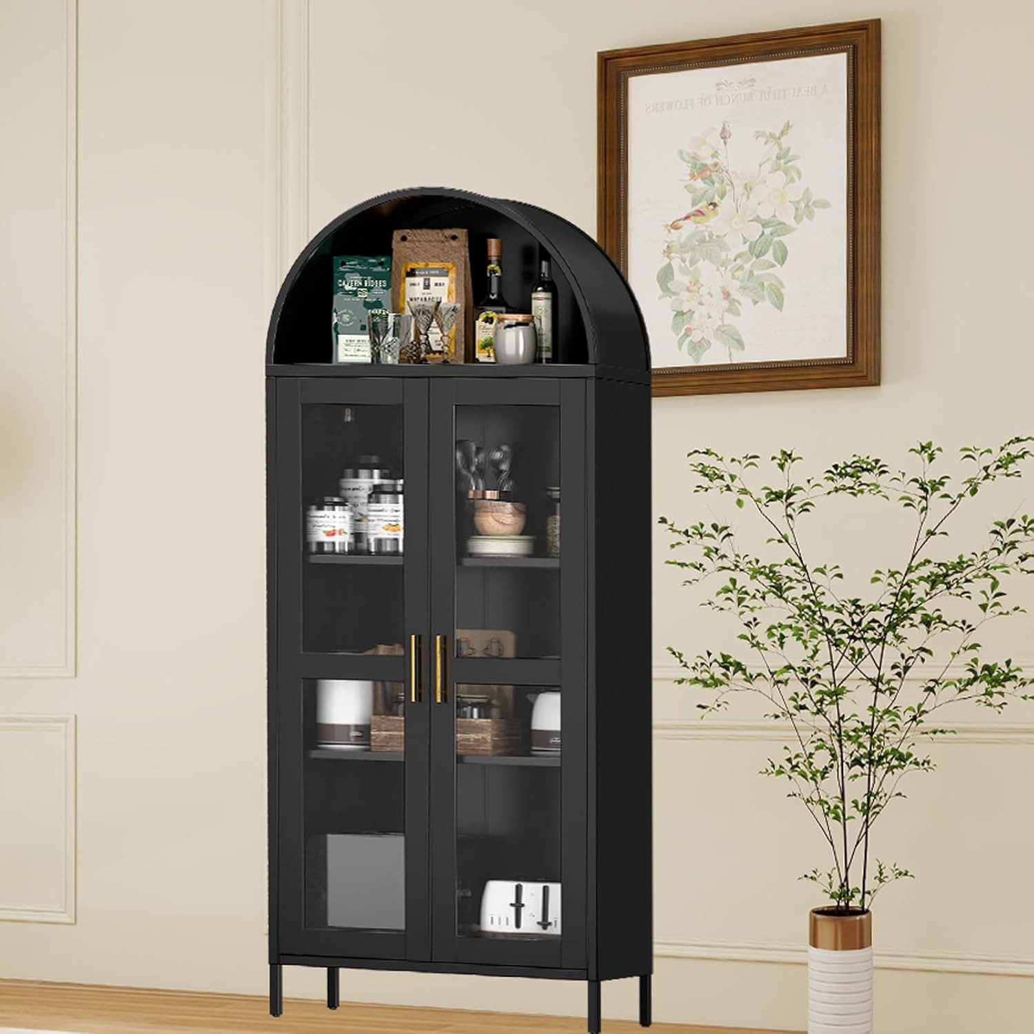 73 in Tall Metal Arched Cabinet Kitchen Pantry Storage Cabinet with Glass Doors gallery