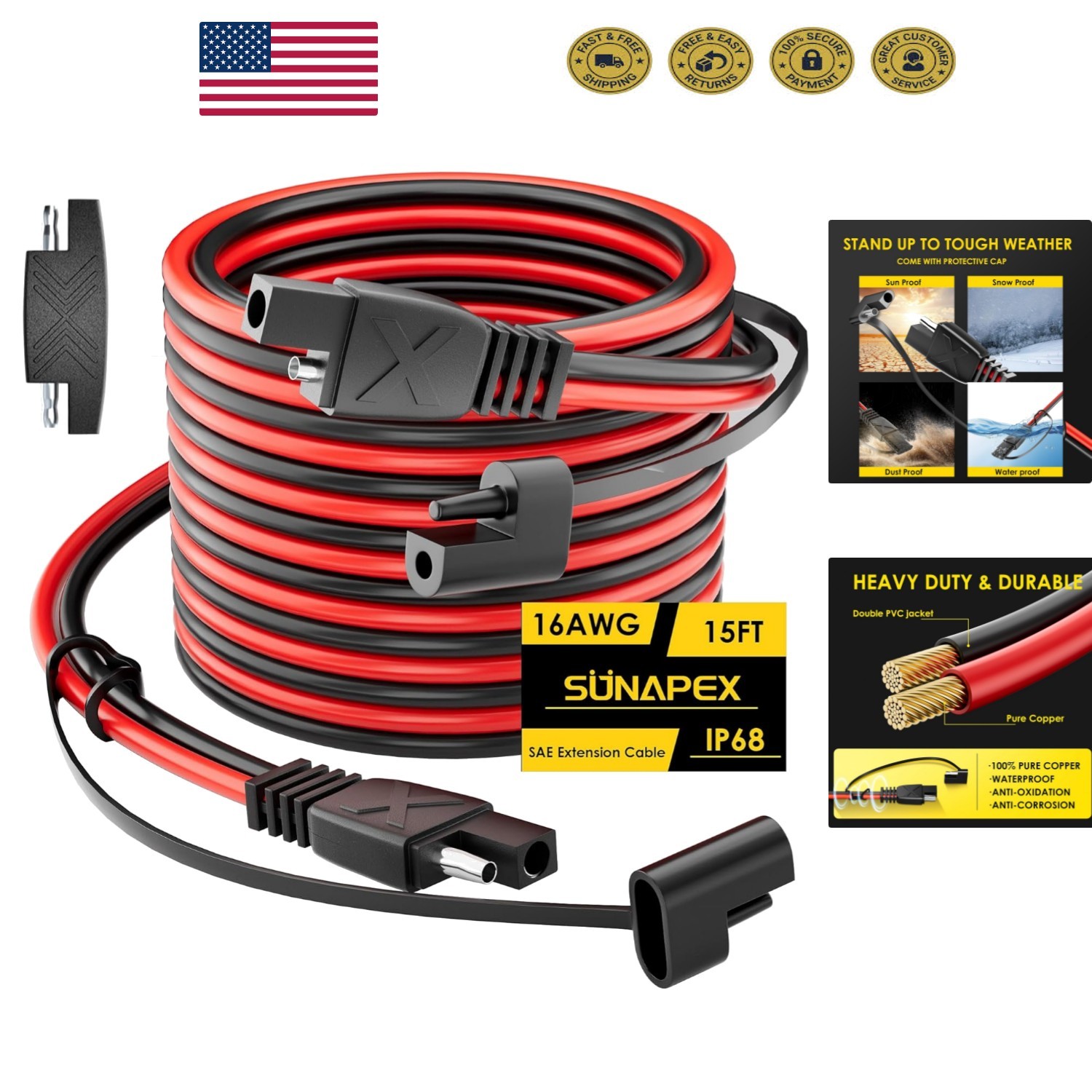15FT SAE Extension Cable - 30A Waterproof Quick Connect for Automotive & Solar gallery