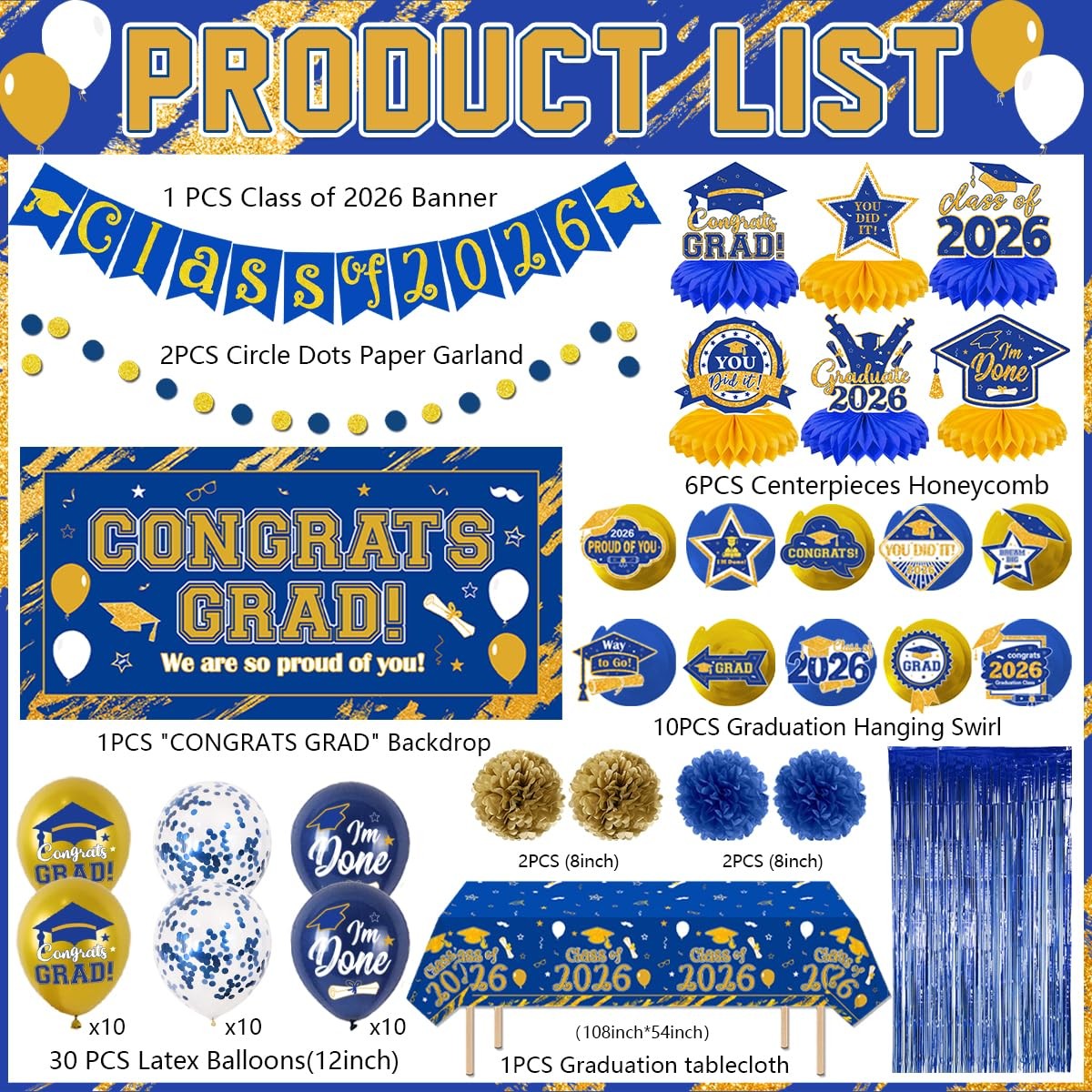Graduation Decorations 2026 Blue and Gold Class of 2026 Banner Congrats Grad Bac gallery