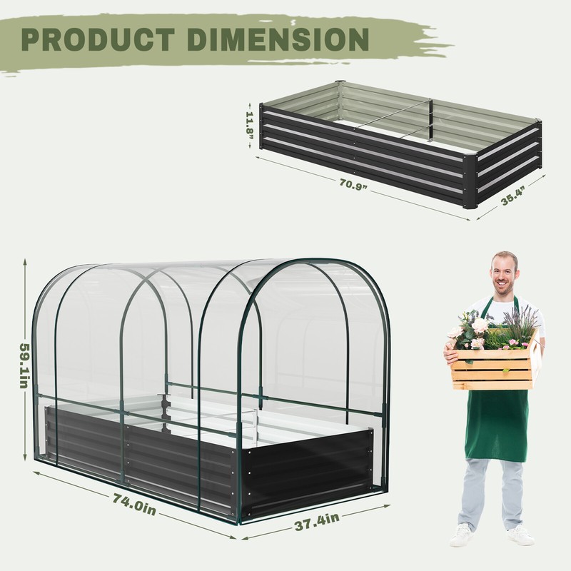 NAIZEA Galvanized Raised Garden Bed with Cover Planter Box Greenhouse 2 Windows gallery