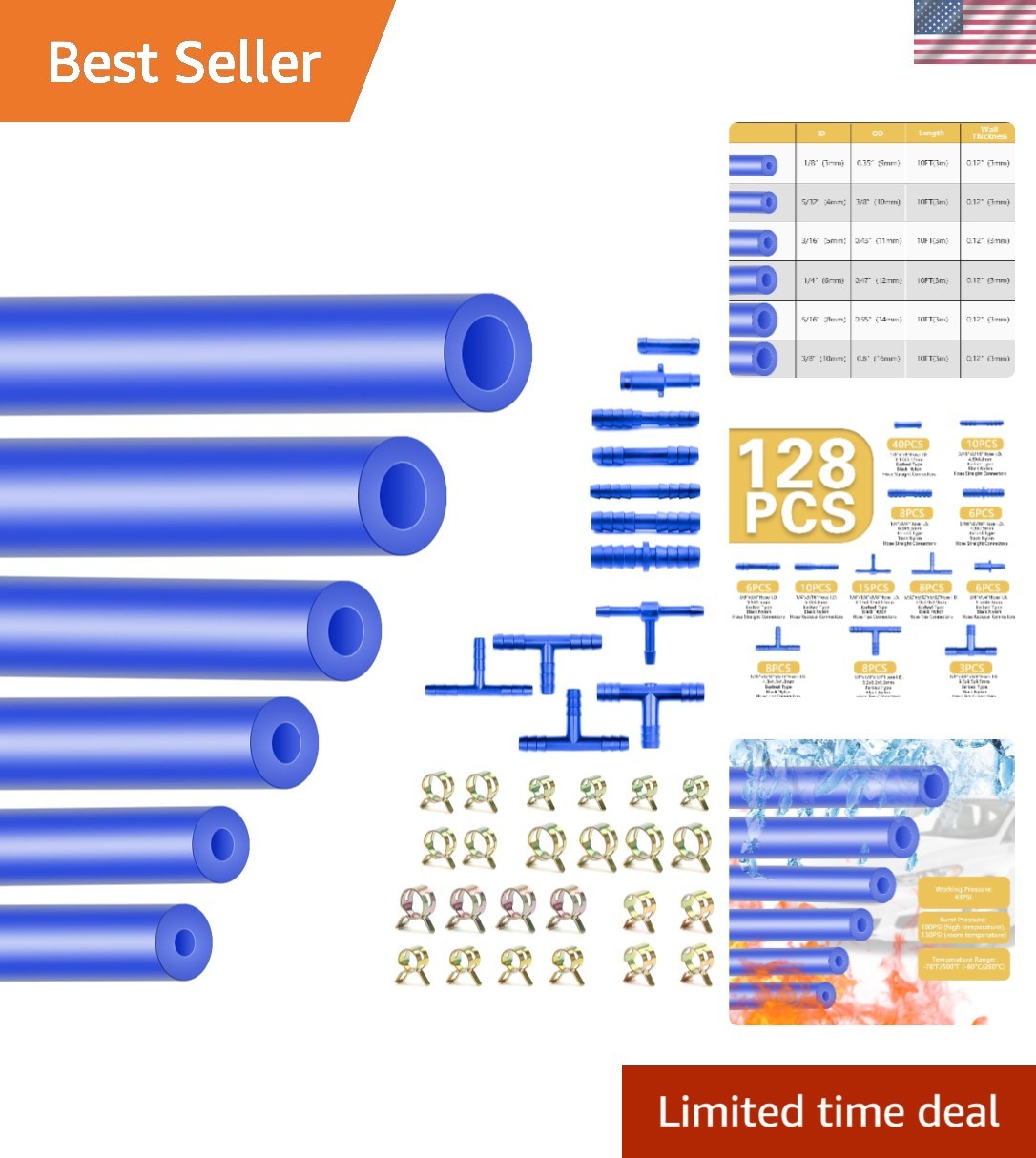 Silicone Vacuum Hose Kit, Vibrant Blue Tubings 6PCS 10FT + Matching Connector... gallery