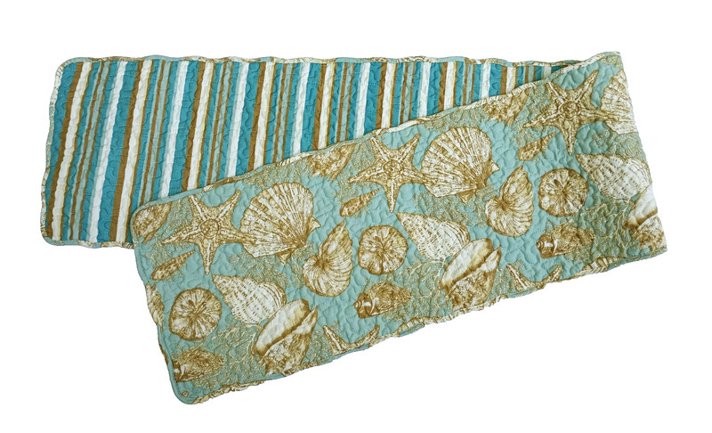 Quilted Table Runner Seashells Reversible Cotton Turquoise Blue Beige Beach gallery