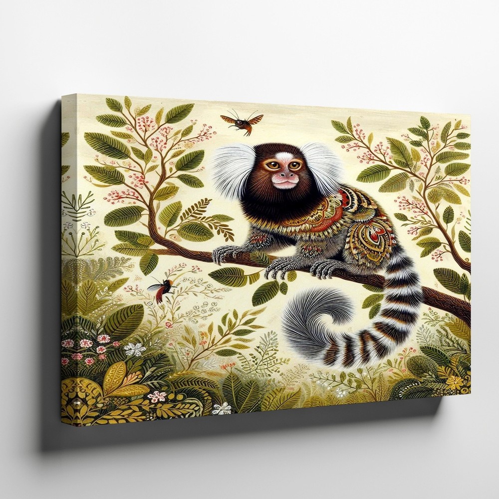 Whimsical Small Monkey on Branch with Detailed Foliage Canvas Wall Art Print
