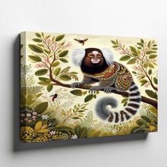 Whimsical Small Monkey on Branch with Detailed Foliage Canvas Wall Art Print