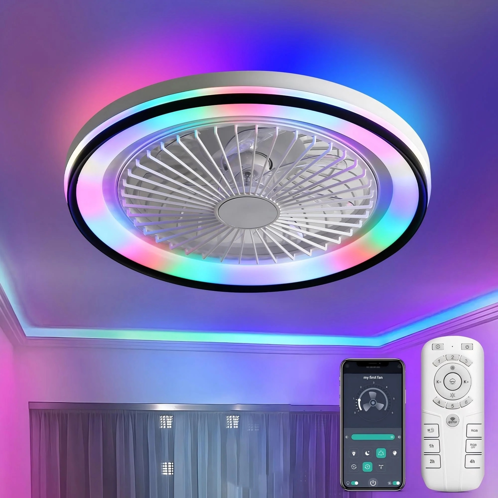 Low Profile Enclosed Ceiling Fans with Lights Smart RGB Ceiling Fan APP Control gallery