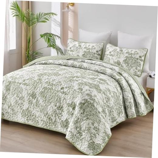 Botanical Quilt Set 3 Pieces Toile Floral Plants Printed King Sage Green gallery