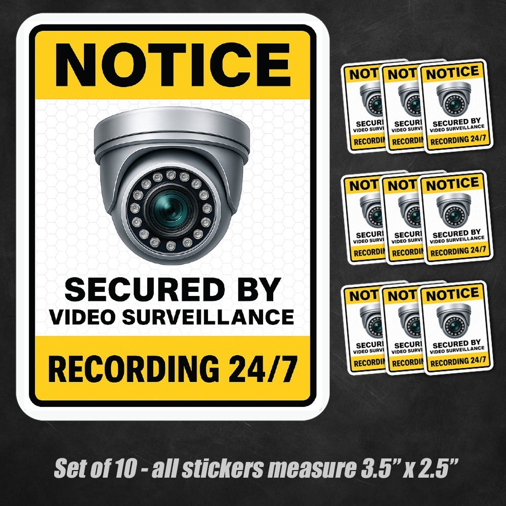 10-Pack NOTICE Video Surveillance Stickers Decals 24/7 Security Camera Warning gallery