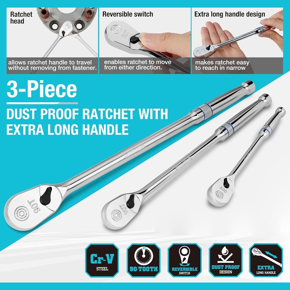 3PC Extra Long Drive Ratchet Handle Set 1/4" 3/8" 1/2" Ratchet Wrench Reversible