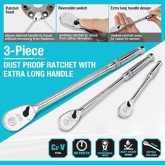 3PC Extra Long Drive Ratchet Handle Set 1/4″ 3/8″ 1/2″ Ratchet Wrench Reversible