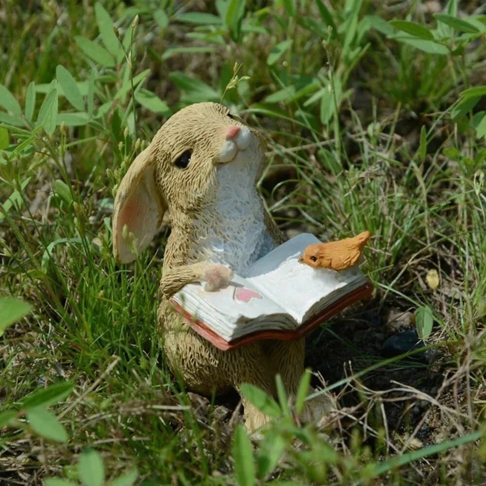 Bunny Rabbit Reading Book Figurine Miniature Fairy Garden Decor Resin Statue gallery