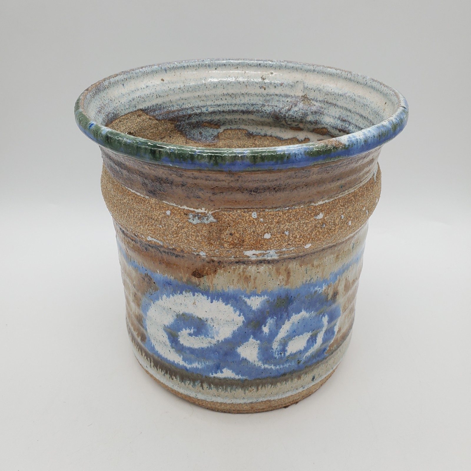 Ceramic Studio art container utensil holder brown and blue and white gallery