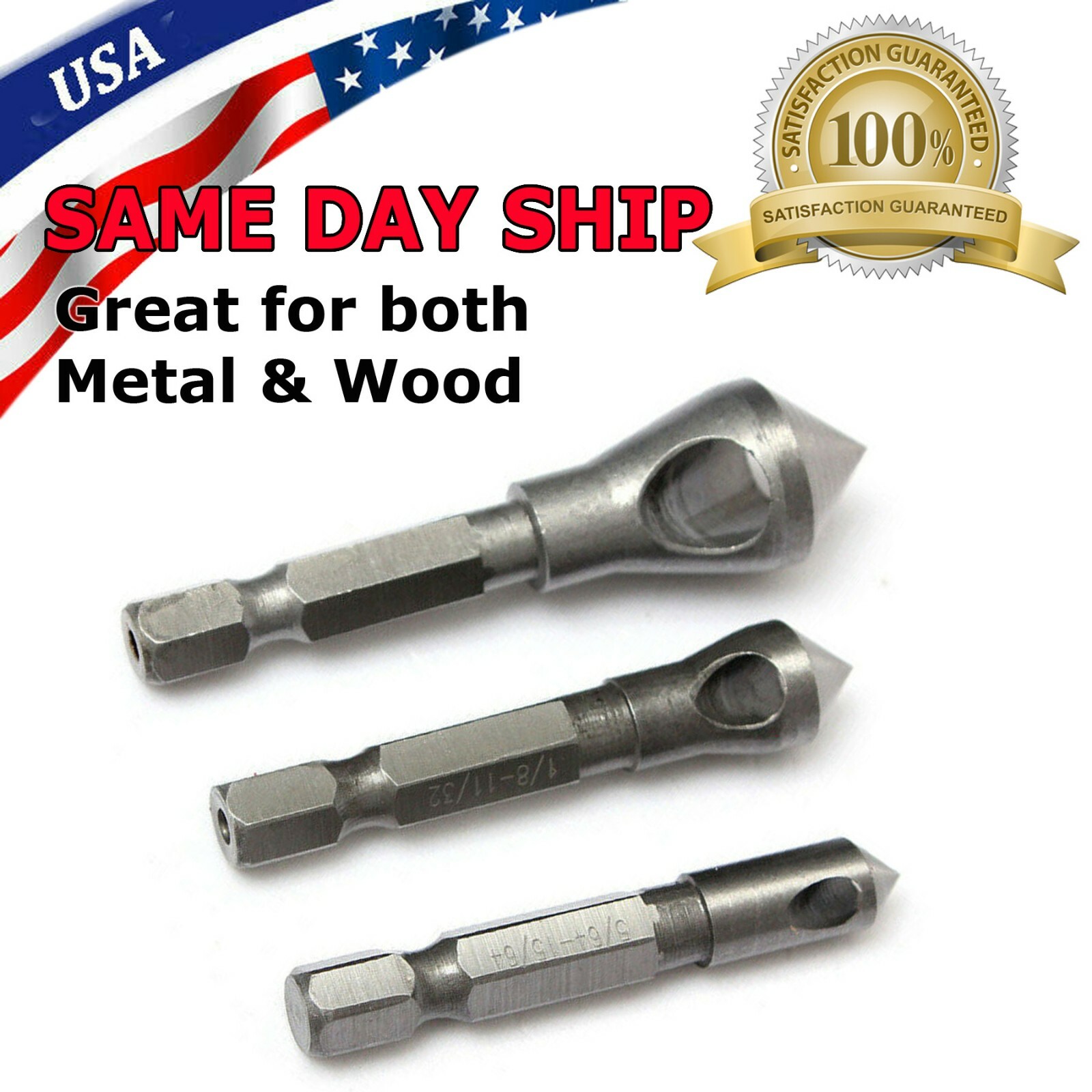 3Pcs Chamfer Countersink Deburring Drill Bits Set Kit Cutting Metal Wood Tool gallery