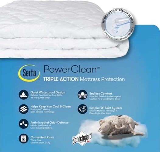 Power Clean Triple Action Quilted Soft Waterproof Mattress Pad Queen White gallery