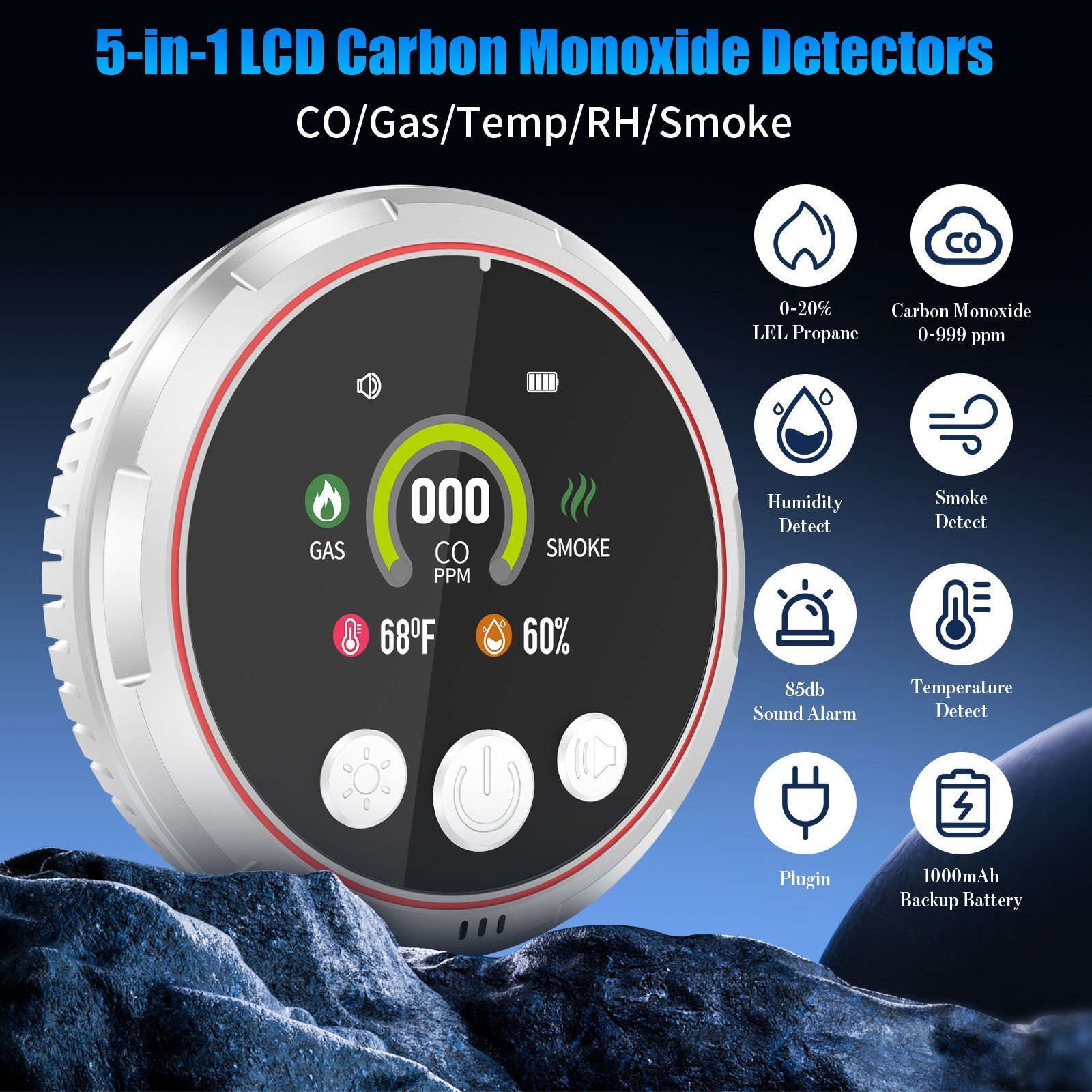 5-in-1 Gas & Co Detector, Plug-in Design with Battery Backup Safety gallery