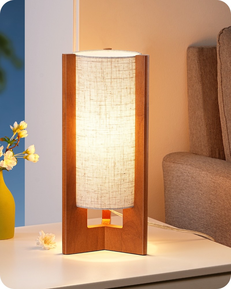 EDISHINE Small Corner Table Lamp Compact for Nightstand Walnut Wood