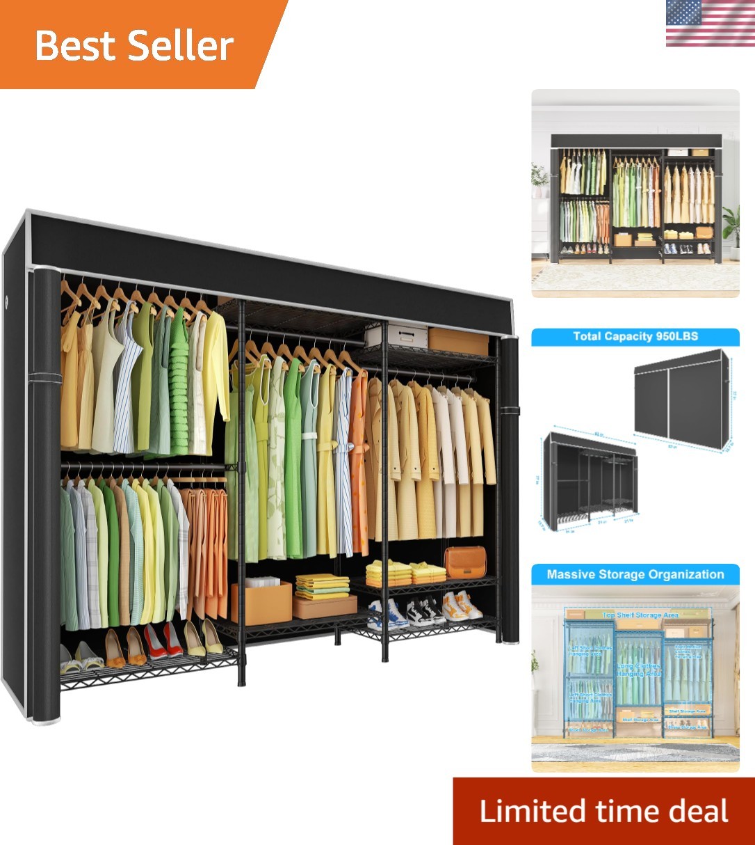 Heavy Duty Closet Organizer System Clothing Rack with Dust Cover 77in gallery