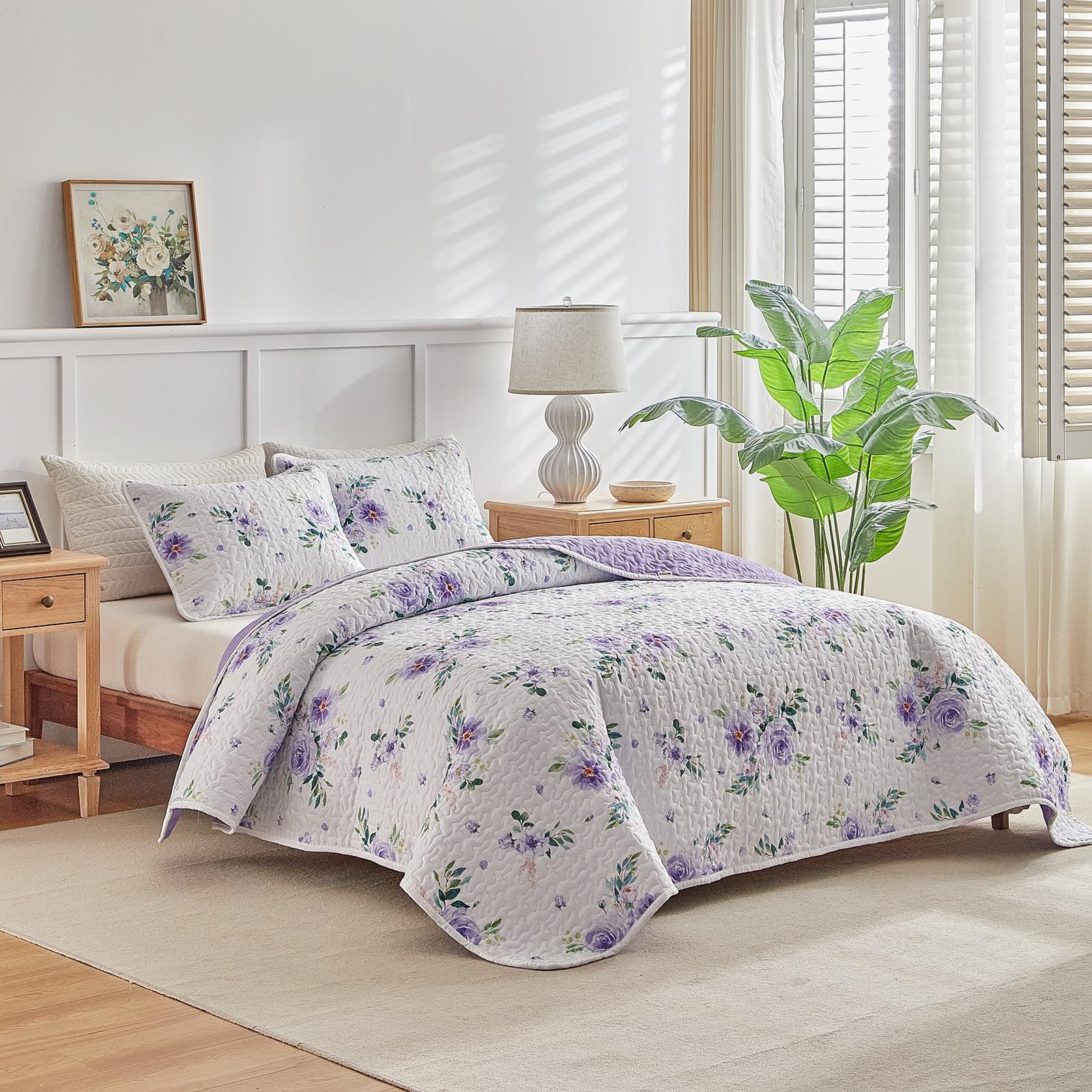 Uozzi Bedding Floral Quilt Set 2 Pieces Twin Size White Purple Flower Green gallery