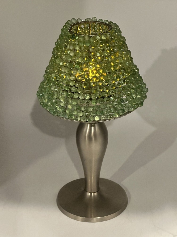 Tealight Lamp Silver Tone Candlestick With Green Glass Beaded Shade 10” OA
