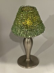 Tealight Lamp Silver Tone Candlestick With Green Glass Beaded Shade 10” OA