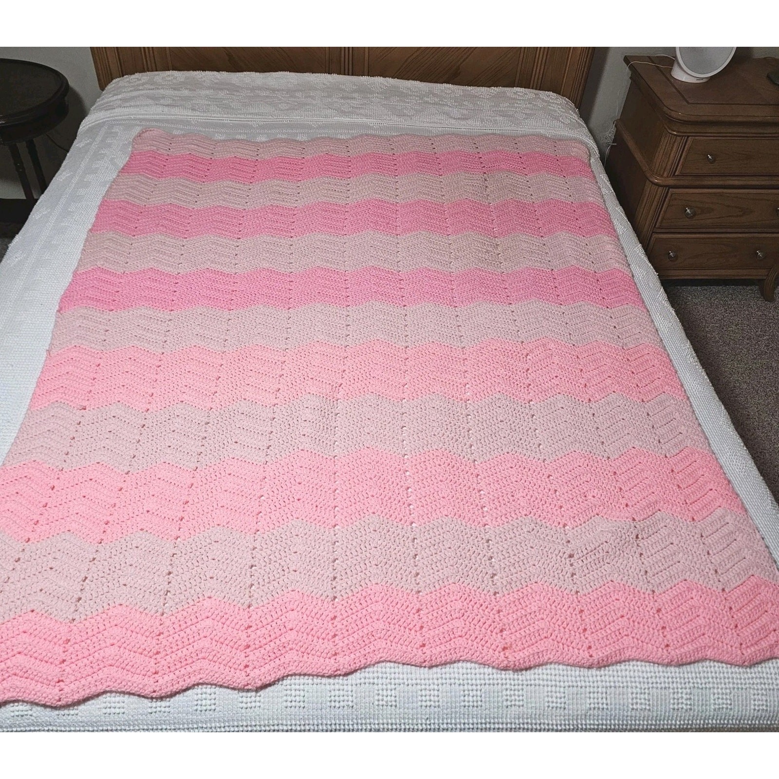 Crochet Handmade Afghan Throw Blanket Pink Ombre Chevron Stripe 58" X 49" gallery