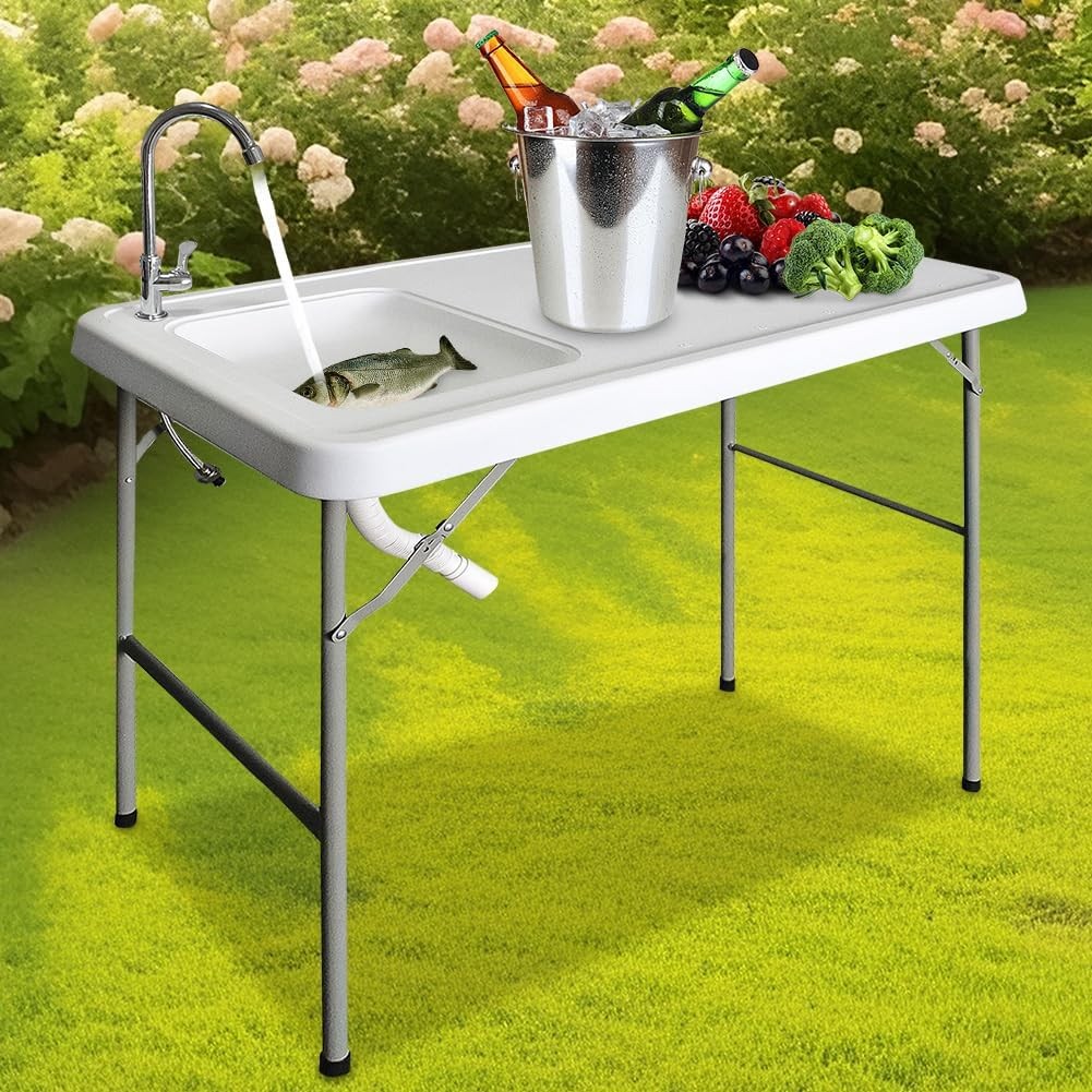 Portable Fish Cleaning Table with Sink C 42.5" Folding Camping Sink Station,Heav gallery