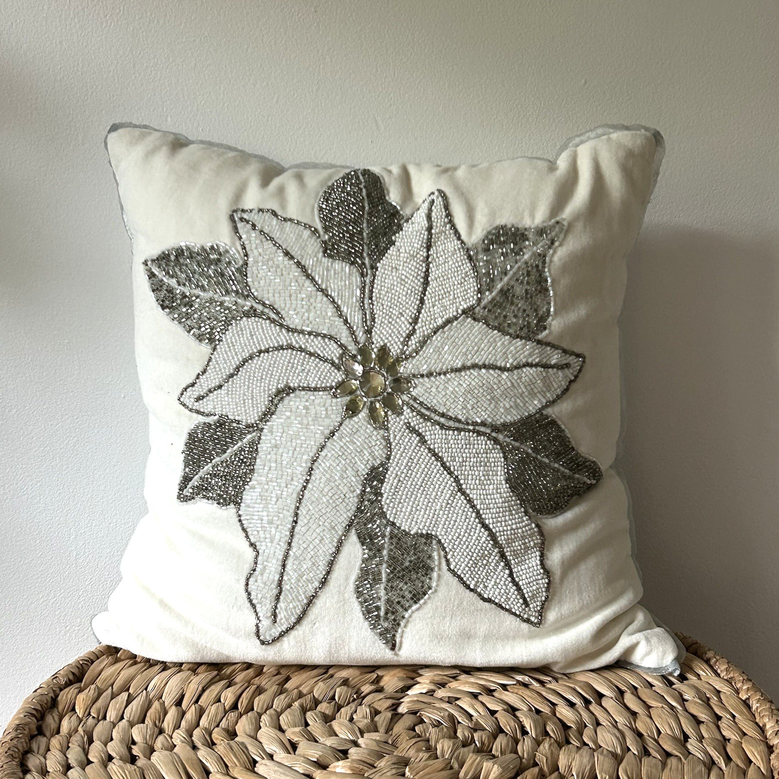 Pier 1 Imports Pillow Beaded Rhinestone Snowflake Decorative Throw Silver White gallery