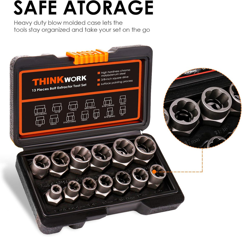 Bolt Extractor Kit, 13+1 Pieces Nut Extractor Socket Set, 3/8" Drive Rounded Bol gallery