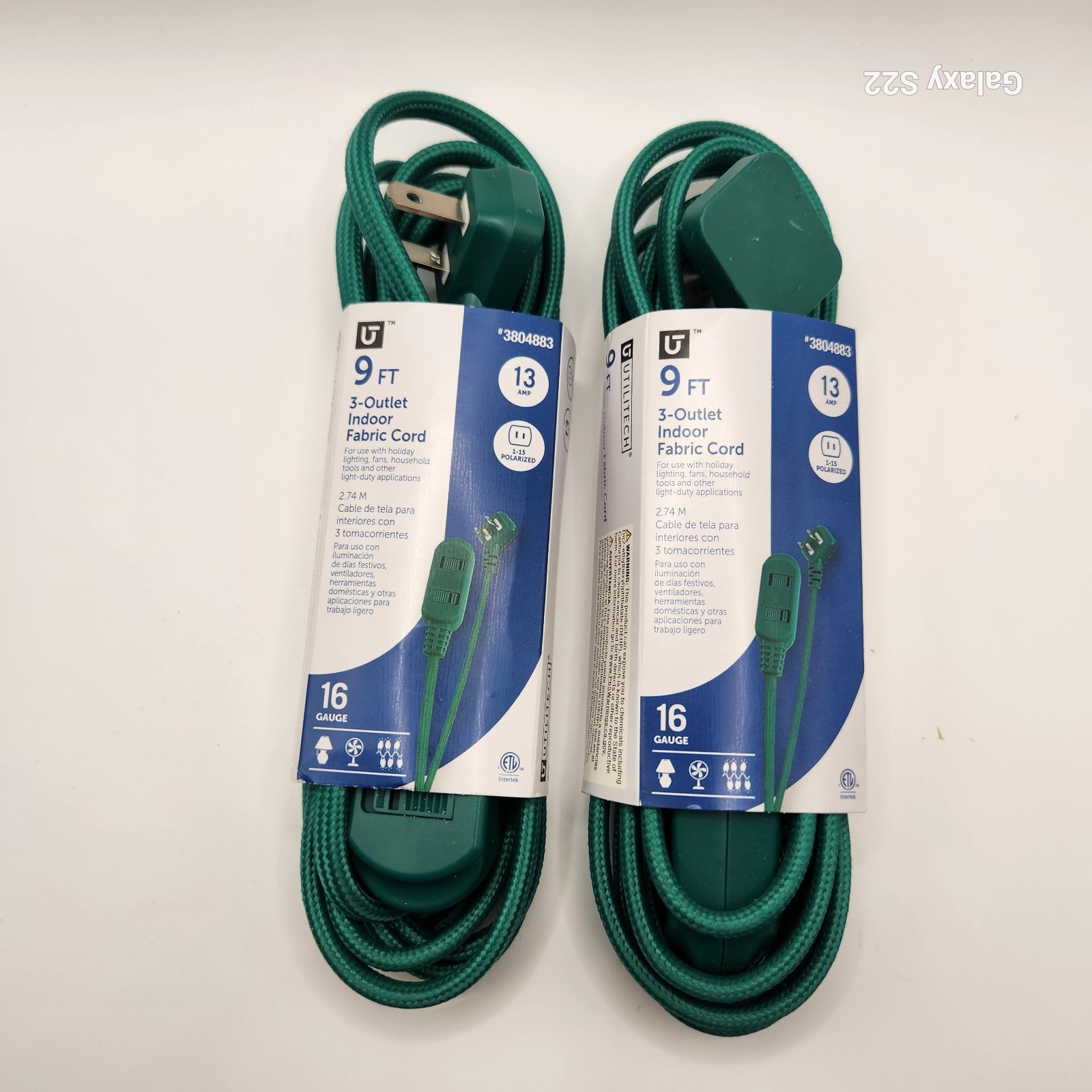 2 Utilitech 9-FT, Extension Cord 3-Outlet Green Fabric Right Angle plug gallery