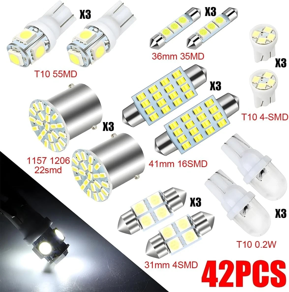 42 Pcs Car LED Lights Kit, Auto Interior Bulbs Set, 6000K 12V T10 For Accessory, gallery