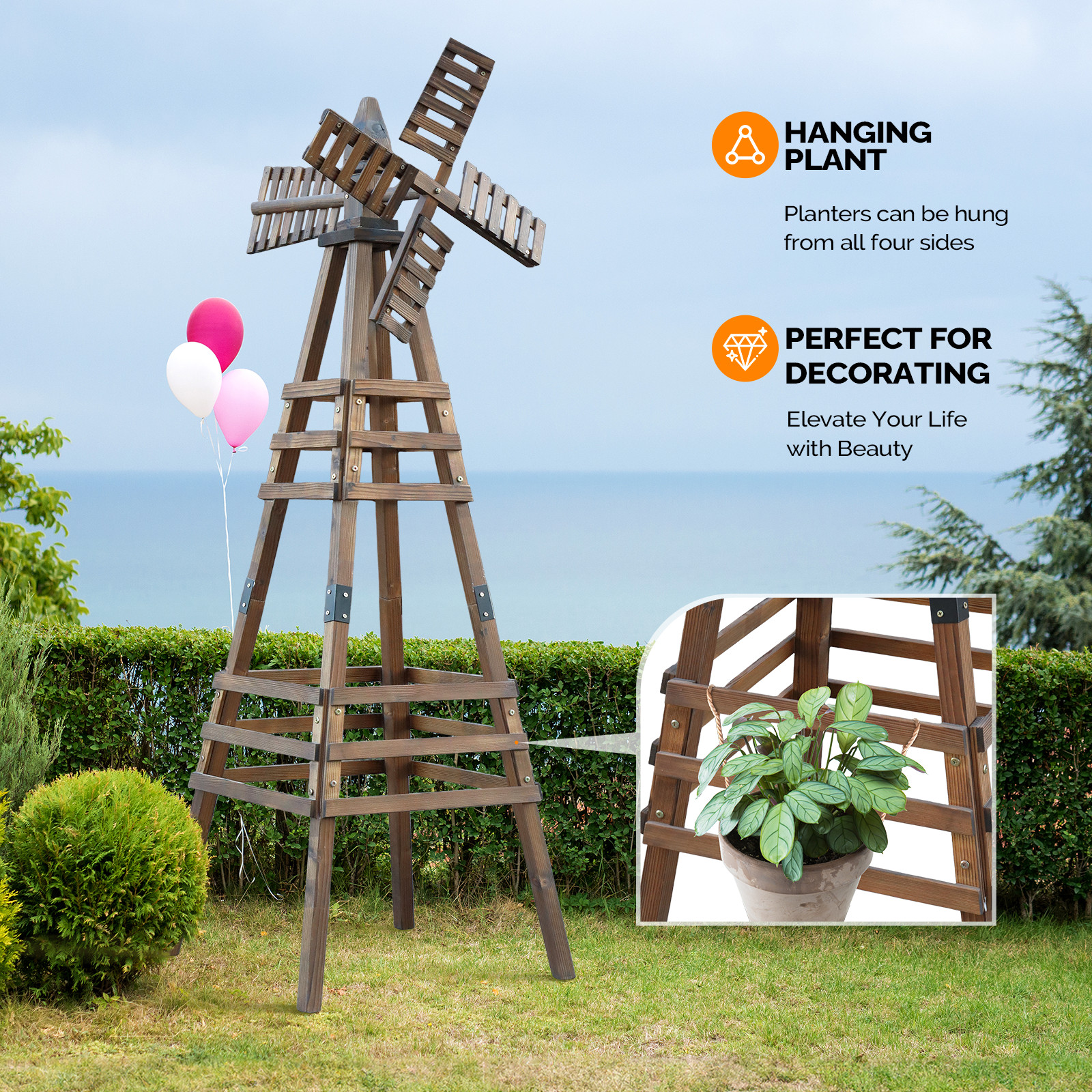 6 FT Wood Windmill Backyard Garden Decoration Weathervane with Windmill Head gallery
