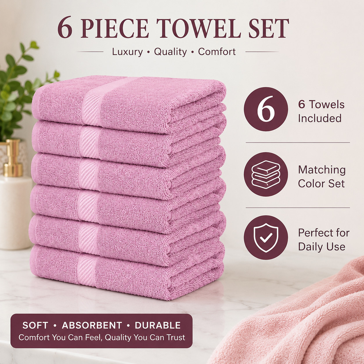 6-Pack SIMPLI-MAGIC Pink Cotton Bath Towels Soft Absorbent 24x46in Bathroom Set gallery