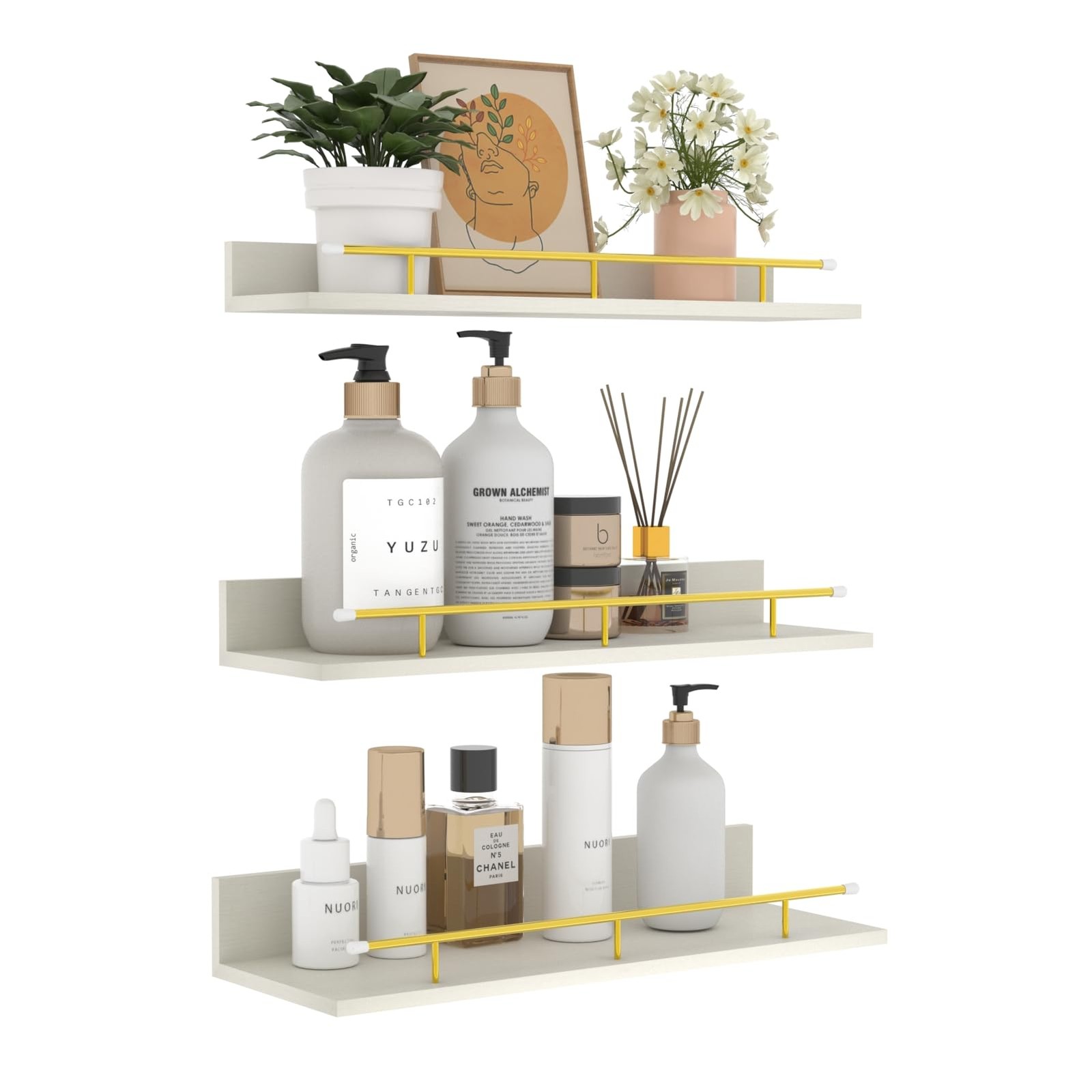 16 Inch White Floating Shelves with Gold Metal Guardrail, Wood Shelves for Wa... gallery