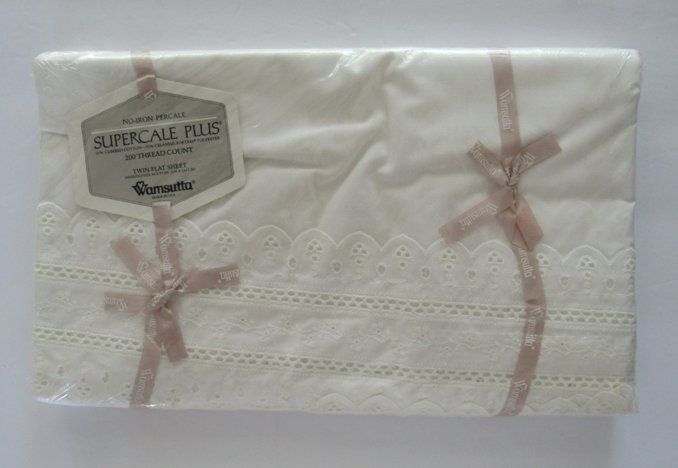 NIP Wamsutta Supercale Plus No Iron Soft Ivory Eyelet 200 TC Twin Flat Sheet gallery