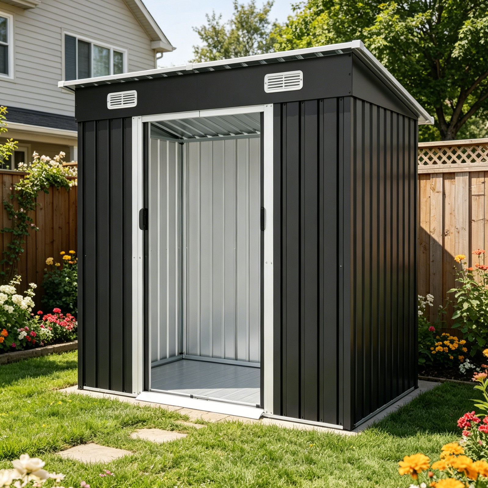 6x4 ft Metal Storage Shed Galvanized Steel Shed with Threshold for Outdoor Yard gallery