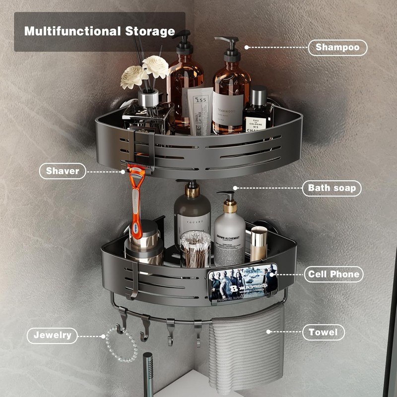 Aluminum Corner Shower Caddy Suction Cup, 2-Tier Shower Shelves with 8 Hooks gallery