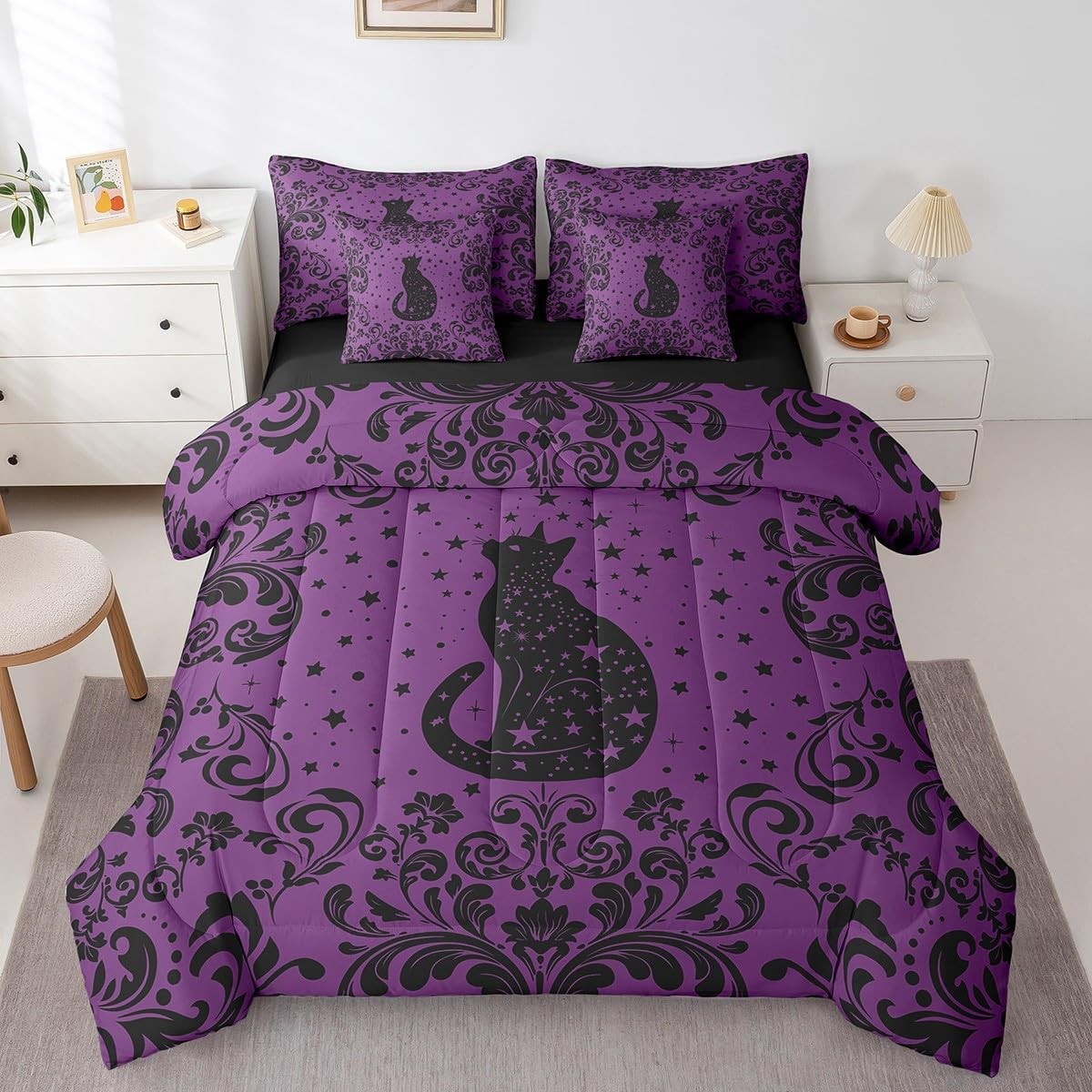Boho Black Cat Queen Bedding Set 7 Piece Purple Black Halloween Gothic Comfor... gallery