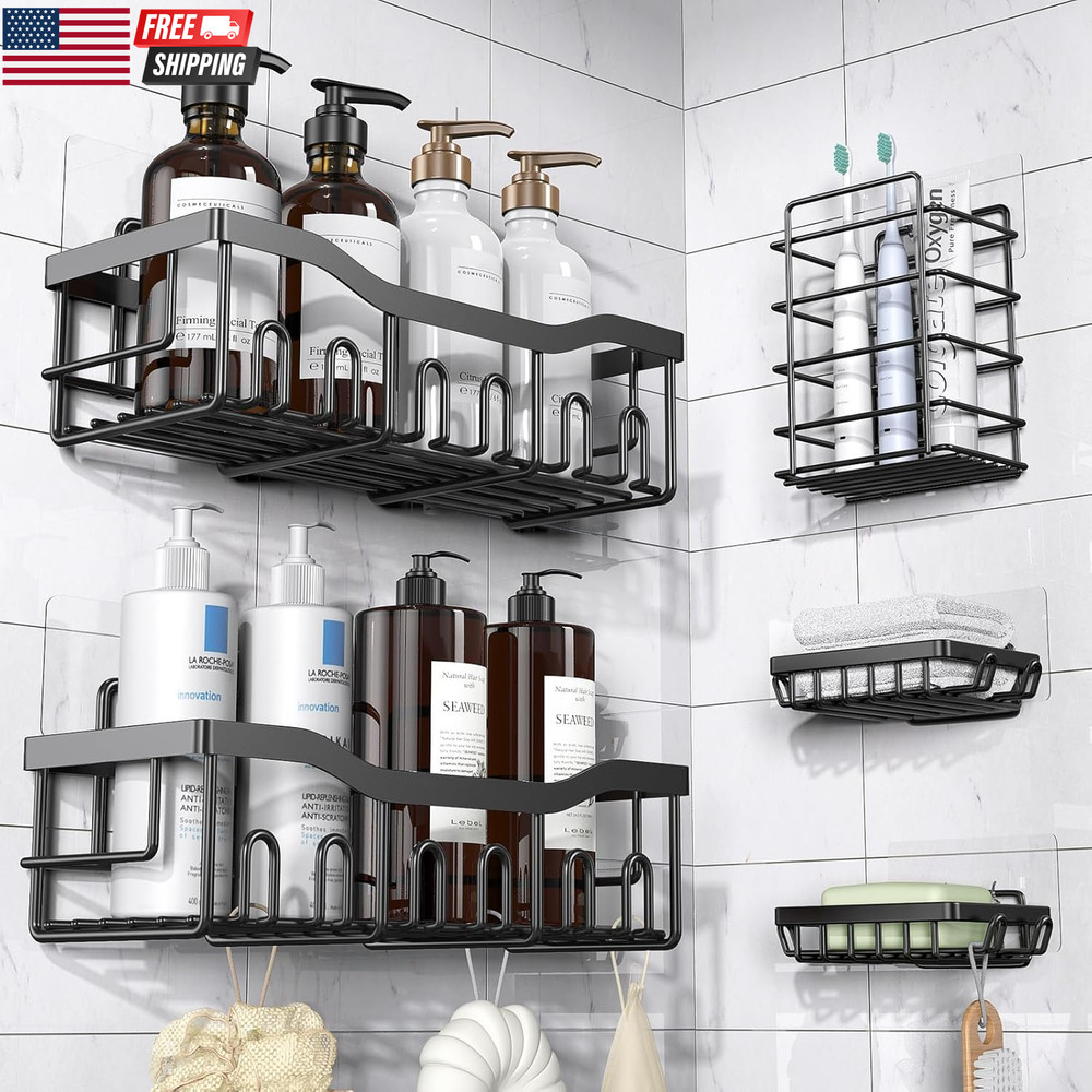 Adhesive Shower Caddy, 5 Pack Rustproof Stainless Steel Bath Organizers with Lar