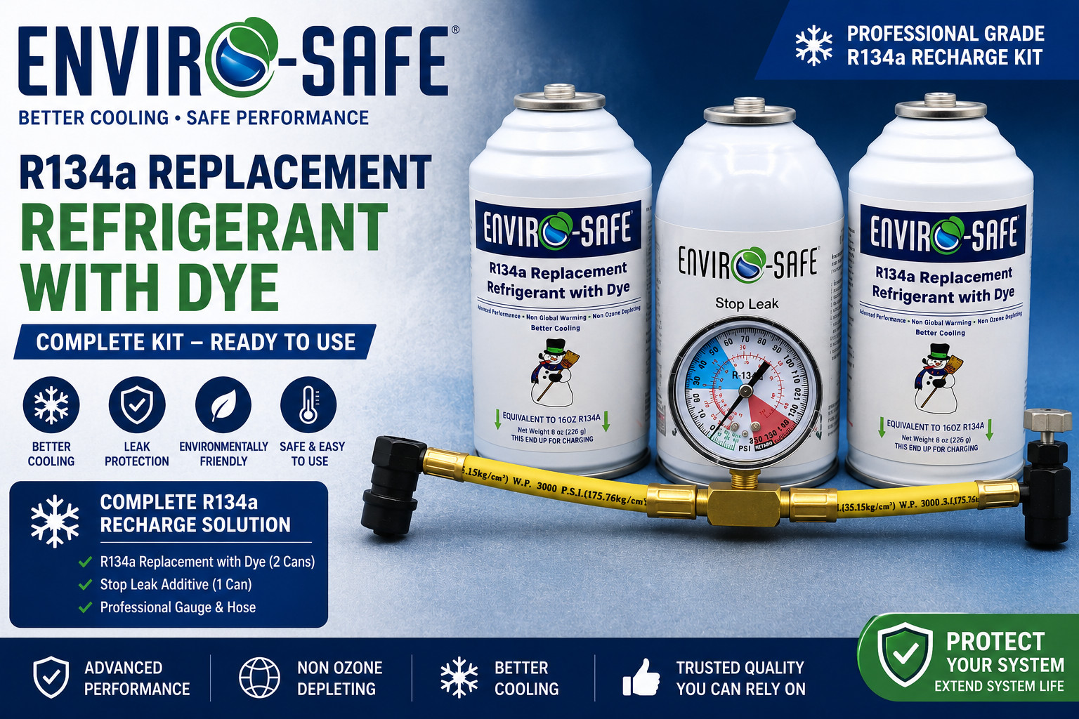 Enviro-Safe R134a Replacement Refrigerant w/Dye Stop Leak & Gauge gallery