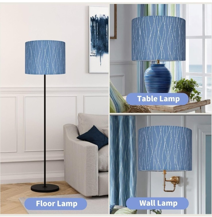 Blue Fabric Drum Lamp Shade Wavey Lines 13" x 13" x 10" gallery
